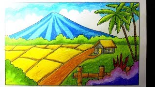  menggambar pemandangan danau yang mudah dengan crayon 