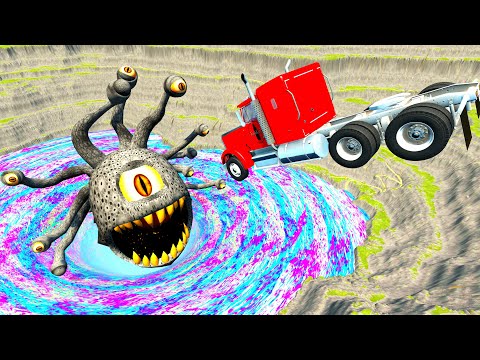 Jumping Cars in the City with Giant One-Eyed Monsters Beholder - BeamNG.Drive