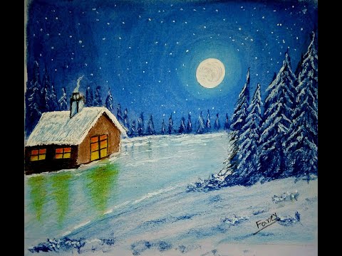 Snowy Winter night scenery Drawing|| Oil pastel Art Drawing Painting Video