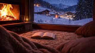 Cozy Winter Cabin Night  Fireplace & Falling Snow