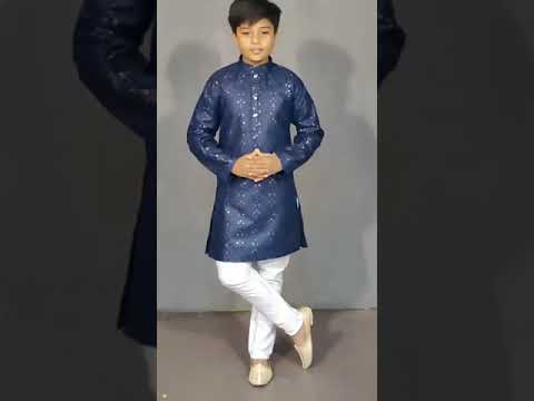 Cotton navy blue party wear kid's designer kurta pajama set