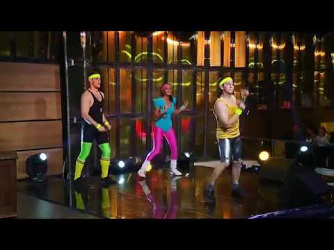 Karolina Meschino in 80's Blue Lycra Leotard and Pink Lycra Tights.