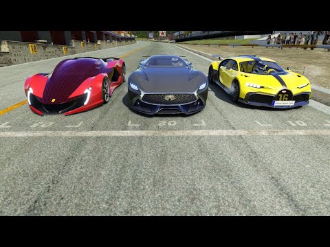 Infiniti Vision GT vs Ferrari Impronta Concept vs Bugatti Chiron Pur Sport at Old Spa