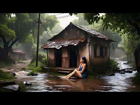 Full Rain old house in village water flow a beautiful ❤️ girl sit at door #rain #nature