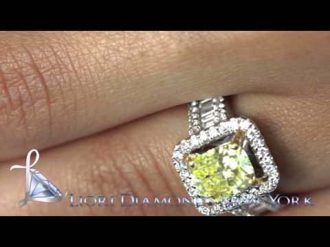 FD-544 - 3.58 Carat Fancy Yellow Cushion Cut Diamond Engagement Ring 18k Gold Pave Halo