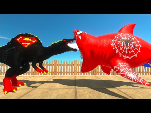 DARK SUPERMAN SPINOSAURUS vs SPIDERMAN MEGALODON DEATH RUN - Animal Revolt Battle Simulator