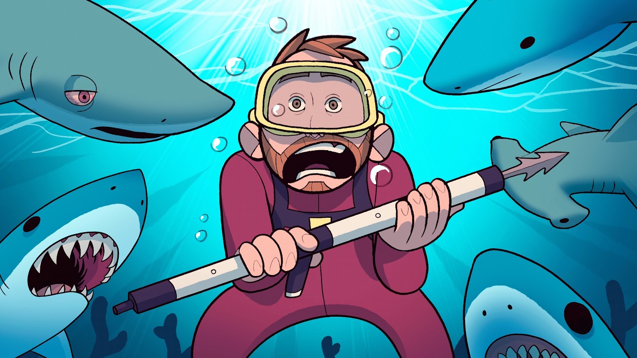 Um jogo de mergulhadores vs tubarões