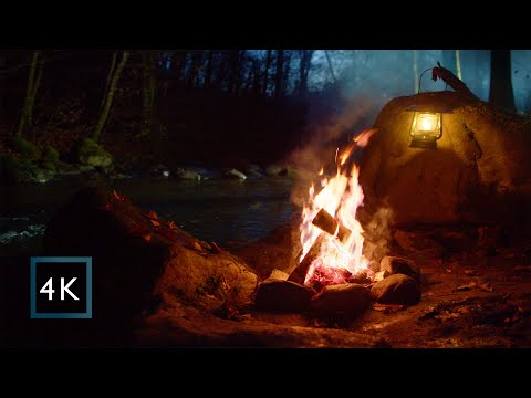 4K Moonlight campfire by the river at night | Relaxing nature sounds | Authentic video