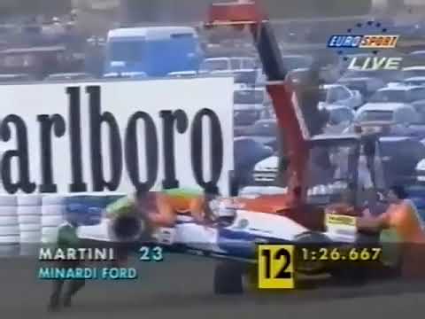 1994 F1 European GP-Warm-Up - Pierluigi Martini stay in his car while being craned