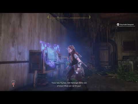 Aloy listening to audio of Travis Tate & Ted Faro