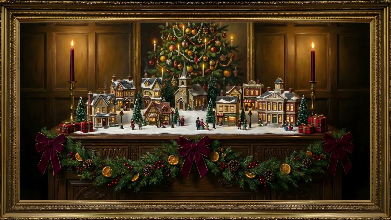 Christmas Village Mantel Display Candlelight Gold Frame TV Art | 2 Hours 4K — 4K ambient art screensaver in baroque gold frame
