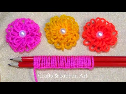 Amazing Woolen Flower Ideas with Pencils - Super Easy Flower Making  - Hand Embroidery Easy Trick