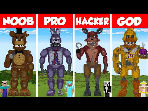 Minecraft FIVE NIGHTS AT FREDDY'S STATUE HOUSE BUILD CHALLENGE - NOOB vs PRO vs HACKER vs GOD / FNAF