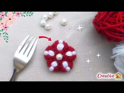 Amazing Woolen Flower Craft Idea Using Fork Trick | Easy Handmade Flower Making | Woolen Crafts