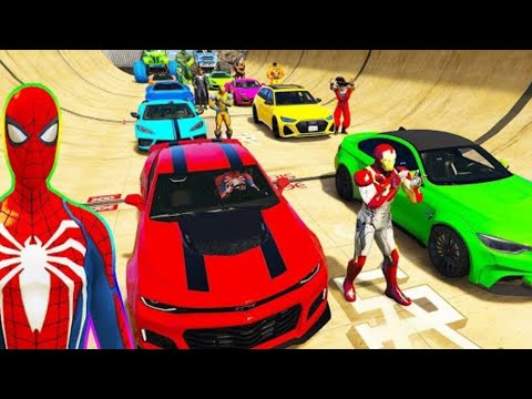 SPIDERMAN CARS MARIO Ramp JUMP Challenge ! SUPERHERO HULK Ironman Trevor and Friends Stunt - GTA V