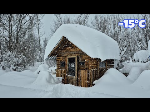 Snow Camp in Wooden House - Extreme Winter Camping Under Deep Snow at -15°C - Caught in a Snowstorm