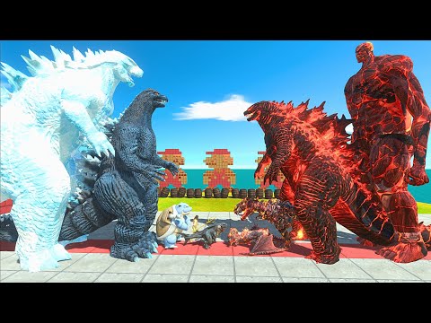 Team Ice Water GODZILLA 2014 VS Team Fire Lava COLOSSAL TITAN - Animal Revolt Battle Simulator