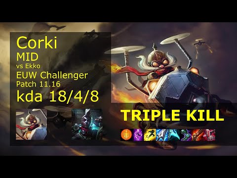 Corki vs Ekko Mid - EUW Challenger 18/4/8 Patch 11.16 Gameplay