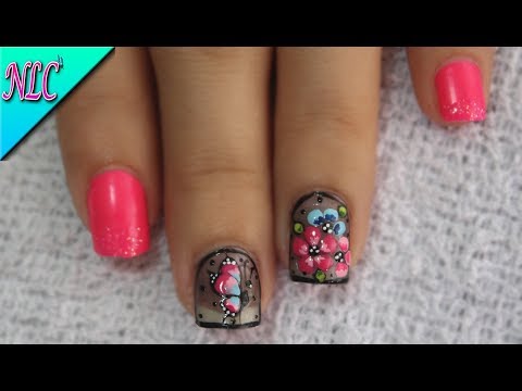 DECORACIÓN DE UÑAS FLORES Y MARIPOSA SOBRE AHUMADO – SMOKED NAIL ART – FLOWERS NAIL ART – NLC