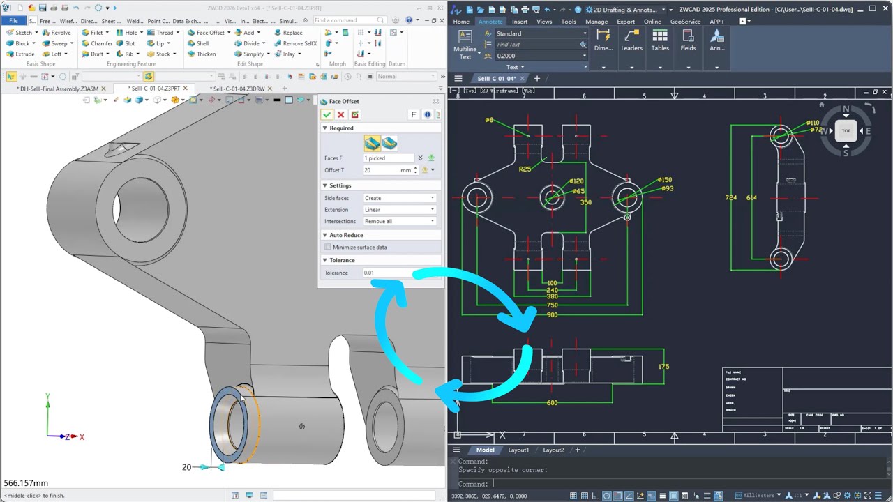 ZW3D - Aggiornamenti Automatici e Associativi tra Disegni 2D e Modelli 3D