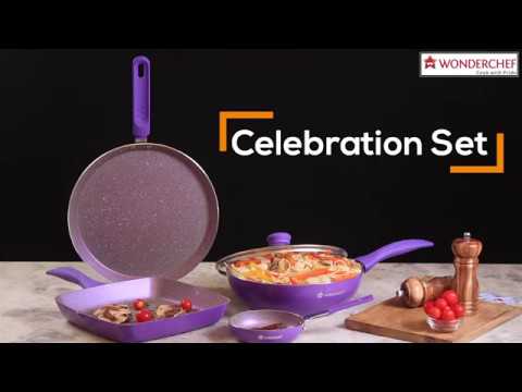 Celebration Non-stick Cookware Set, 5Pc (Wok with Lid, Mini Fry Pan, Dosa Tawa, Grill Pan),  Induction Friendly, Soft Touch Handle, Pure Grade Aluminium, PFOA/Heavy Metals Free, 2.2mm, 2 Years Warranty,  Purple