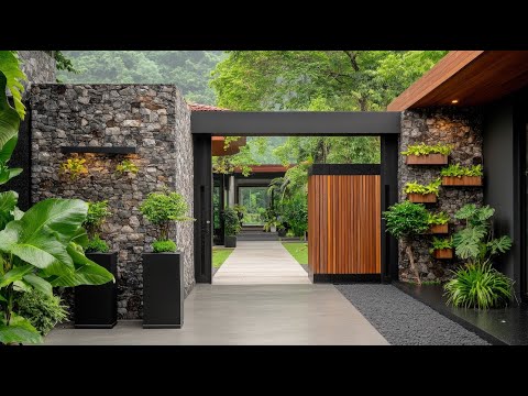 Grand Luxury Mansion Entrance Featuring Stone Walls, Concrete Path, and Wooden Gates