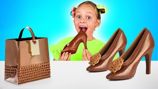 Chocolate shoes challenge! Sweets stories and songs for kids
