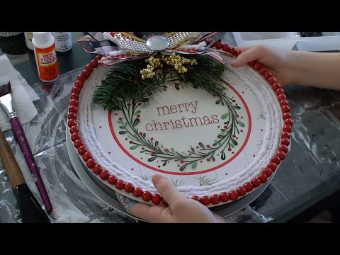 DYI Christmas Wreath -using Dollar Tree pizza pan, mop, and Hobby Lobby 50% off holiday cake box...