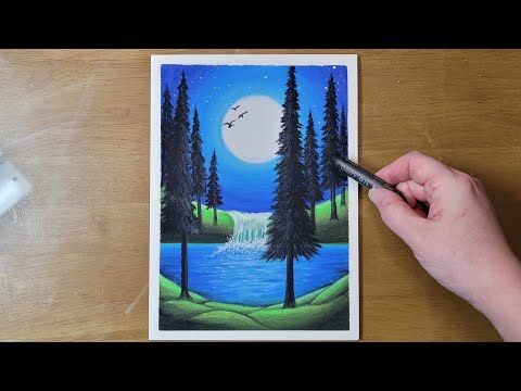 Moonlight Waterfall scenery drawing for beginners with Oil Pastels
