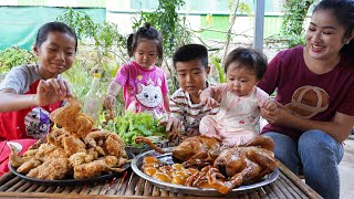 Baby chef Siv Hour want to eat meal with us - Braised ducks and Crispy chicken wings cooking