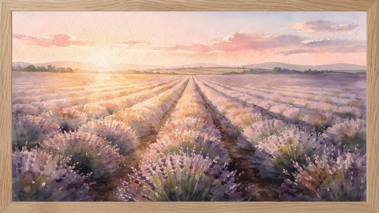 Lavender Field at Sunset 💜 Golden Hour Watercolor | 4K Frame TV Art 2 Hours — 4K ambient art screensaver in baroque gold frame