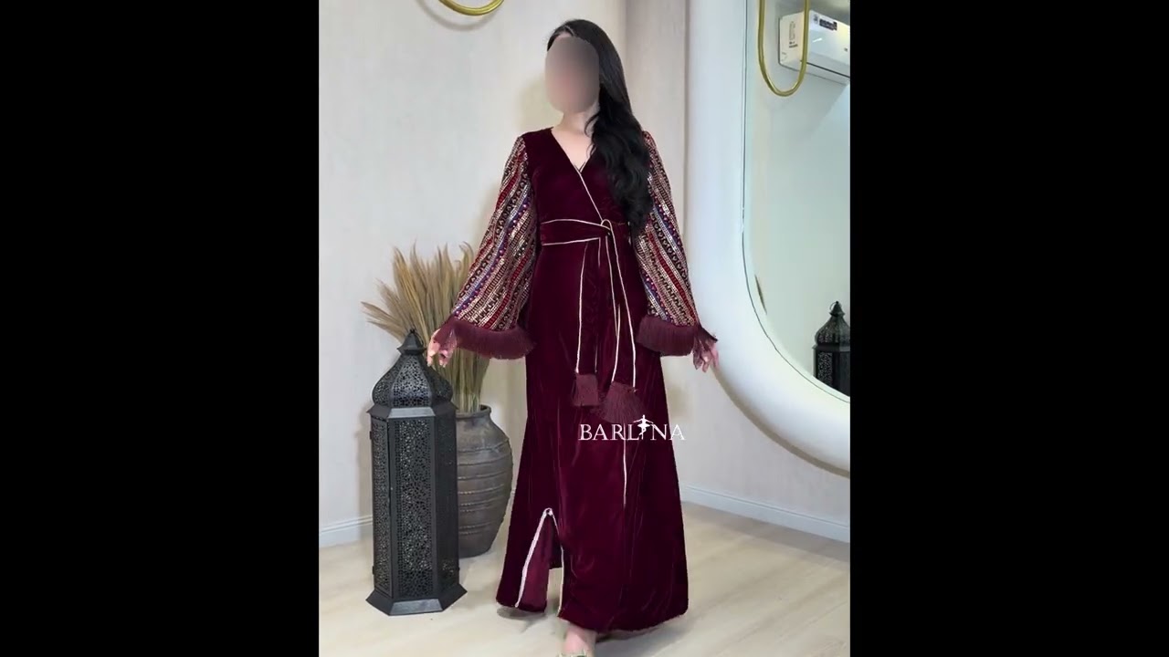 جلابية مخمل عنابي بتطريز شرقي انيق - XXL
