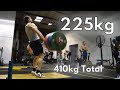 225kg Clean and Jerk, 185kg Snatch, 410kg Training Total
