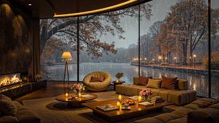Relaxing Autumn Jazz 🍂🌧️ Cozy Lakeside Lounge with Warm Fireplace Ambience