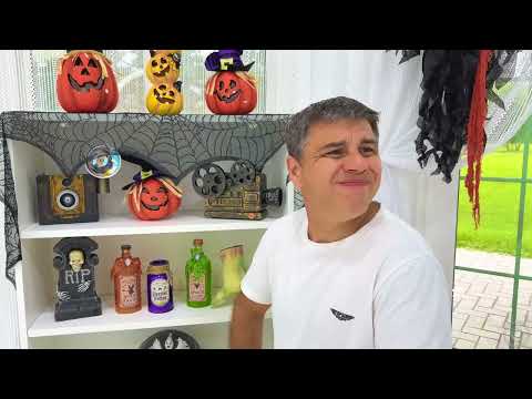 Dad decorates the house for Halloween for Nastya