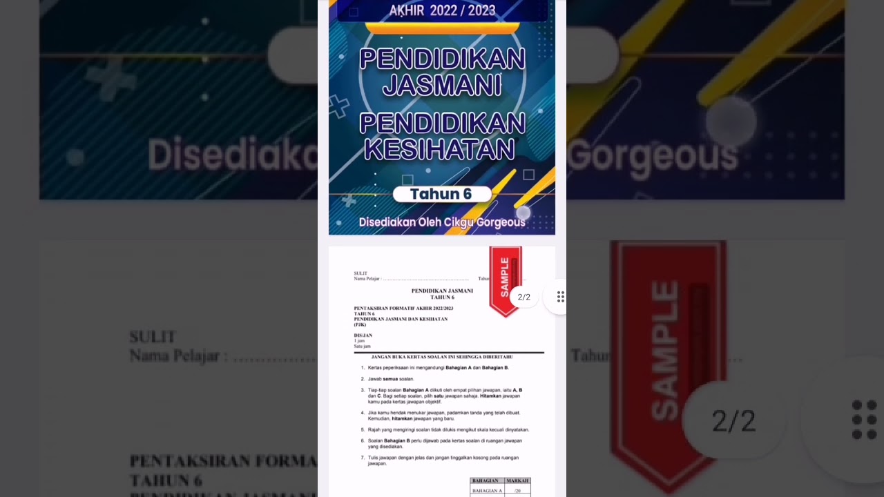 1 SET MODUL PENTAKSIRAN FORMATIF AKHIR 2022/2023 PENDIDIKAN JASMANI DAN KESIHATAN TAHUN 6