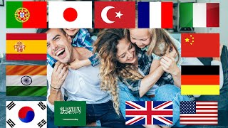 happy family, happy family in different languages. american, arabic, turkey, france