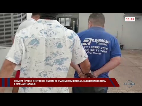 Homem é preso dentro de ônibus de viagem com drogas, submetralhadora e fuzil artesanais 24 01 2023
