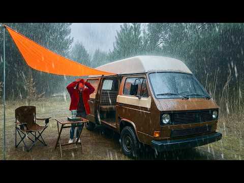 Coziest RAIN CAMPING in a Pine Forest [ SOLO Relaxing in a VAN and Tarp shelter, ASMR ]
