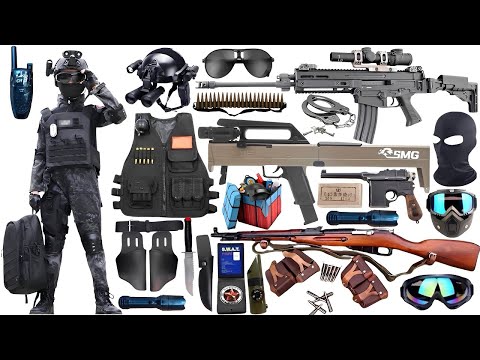 Special police weapon toy set unboxing,FMG9 folding submachine gun,Colt M1991 pistol,AK47 rifle,bomb