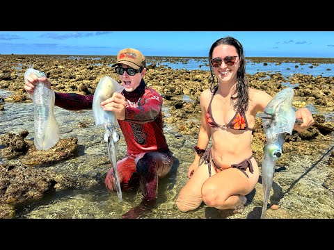 We Hunt HUGE Squid Using Only Our Hand Spears (Crazy Camping Adventure)
