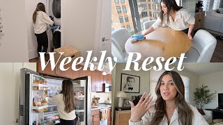 WEEKLY RESET: healthy grocery haul, fridge clean out & restock, cleaning my apartment, jewelry haul
