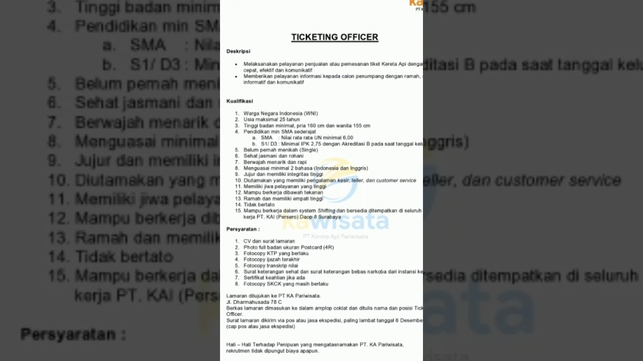 Lowongan kerja ticketing officer di PT KAWISTA ✓kreta api  pariwisata✓