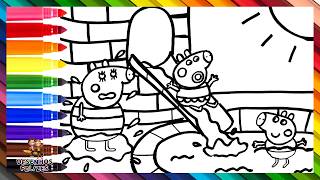 Desenhar e Colorir Peppa Pig e o George Pig com a Mamãe Pig em um Parque Aquático 🐷💦🛝🌈 Desenhos