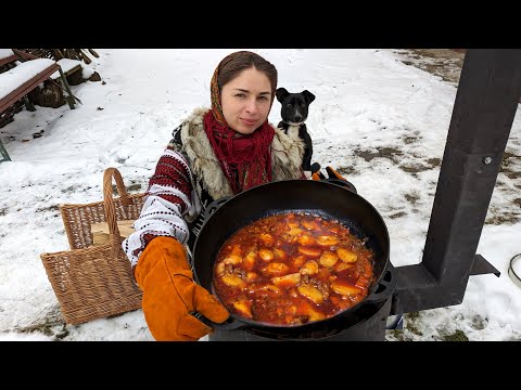 Perfect Beef Stew in cauldron. Homemade cooking in Ukrainian village