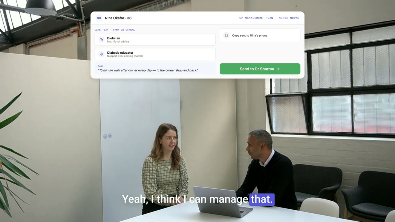 Lyrebird assembling a care plan and handing a summary to the practice nurse.