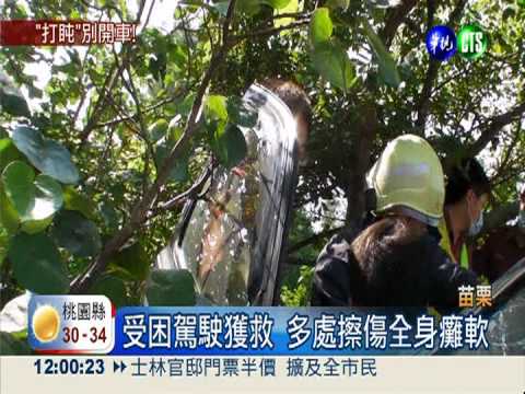 轎車失控衝邊坡 卡進電桿.樹幹間