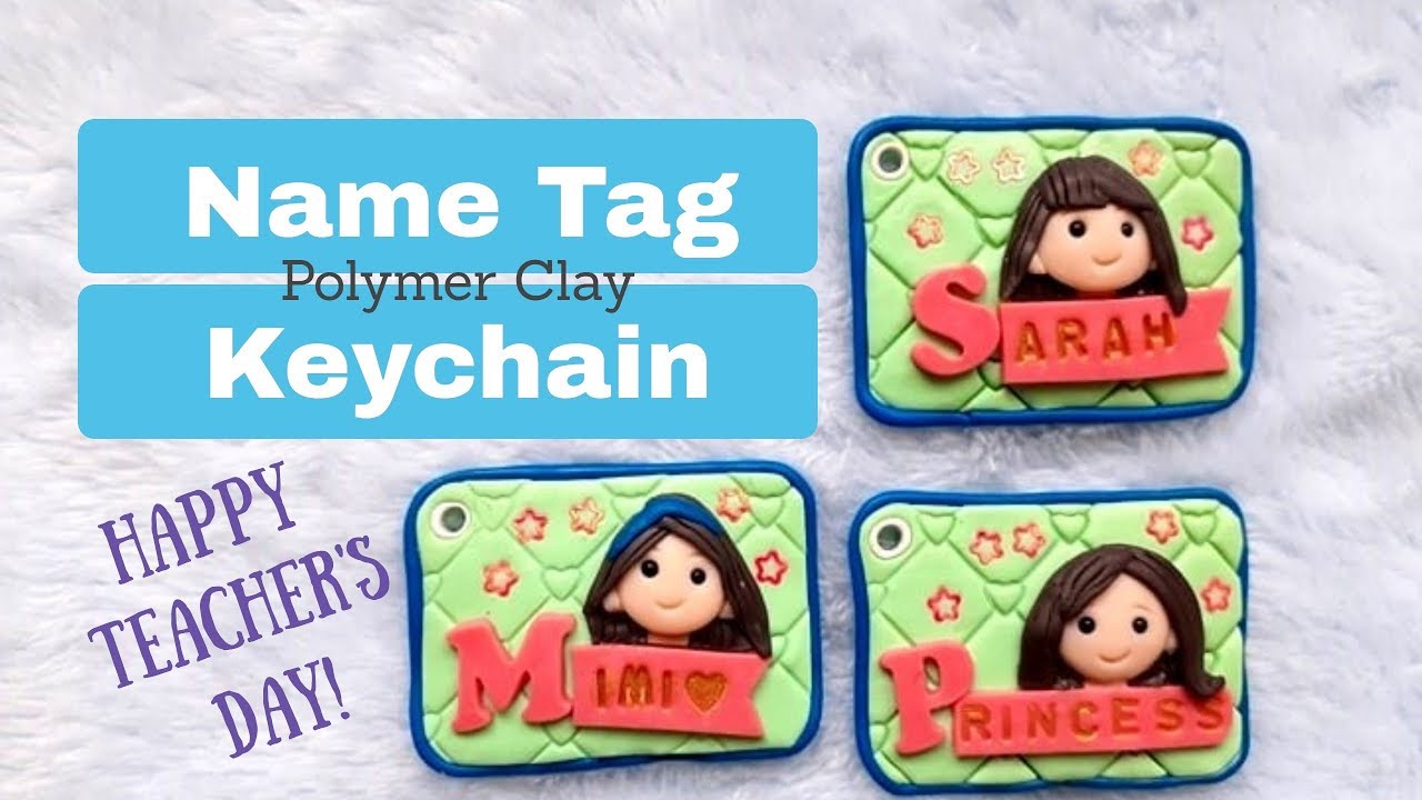Name Tag Keychain with Chibi Face / Polymer Clay