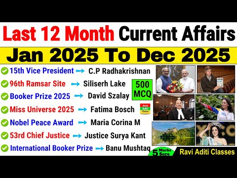 Last 12 Months Current Affairs 2025 | JAN 2025 TO DEC 2025 | Important Current Affairs 2025