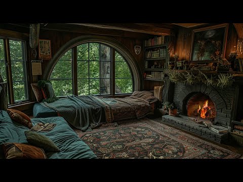 Rain Sound To Sleeping - Deep Sleep Ambience in Cozy Hobbit Room with Rain and Fireplace Sound